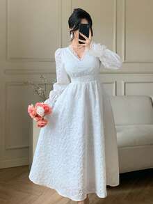 DAZY Women's Elegant Lace Patchwork V-Neck Puff Sleeve Dress, Spring/Summer - Beige - View 4