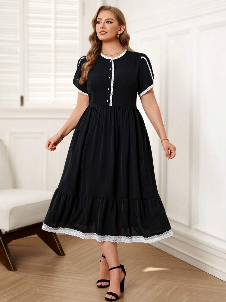 Plus Size Women Fashion Casual Lace Patchwork Long Dress Plus Size Babydoll Dress Curve Casual Dress Summer Outfit For Women Beach Vacation Outfits Graduation Dress Women Wedding Guest Dress Women Plus Dress Plus Size Casual Dress
