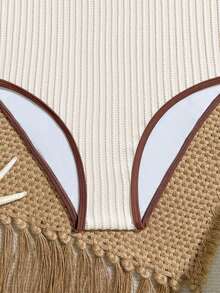 SHEIN 少女可爱印花纯色简约设计连体泳衣，保守沙滩度假泳装 - 卡其色 - 查看 5