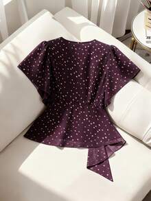 Modelyn Plus Size Elegant Polka Dot Print Wrap Shirt, Summer - Purple - View 2