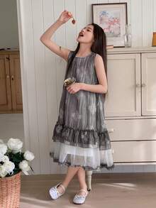 DAZY Girls Sleeveless Round Neck Dress - Light Grey - View 1