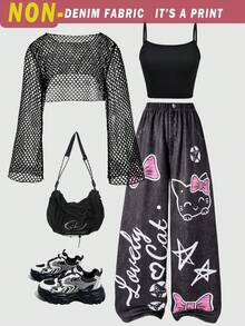 SHEIN ChillGRL 3pcs/Set Teen Girls Fashion Versatile Cute Bow, Star, Letter Hollow Out Jacket + Vest + Loose Casual Denim Look Pants Set - Black - View 1