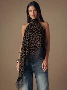 SHEIN BAE 女士露背不对称蕾丝拼接优雅浪漫复古豹纹上衣，适合外出、音乐节、嘉年华、度假、海滩、派对、婚礼、生日等场合。 - 彩色 - 查看 3