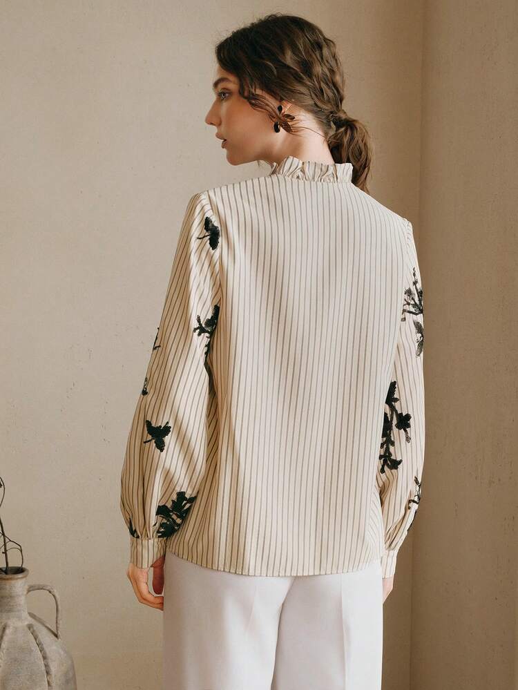 Modern Fashion Women's Frill Beaded Embroidered Striped Shirt, Elegant Lady's Blouse For Work And Daily Commute