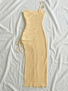 Soleia Women's Vacation Knitted Waffle Textured Fitted Split Drawstring Dress, Suitable For Party, Date, Sexy, Afternoon Tea, Beach, Summer, Music Festival, Wedding Season,Yellow Dress Butter Yellow Dress - Mustard Yellow - View 2