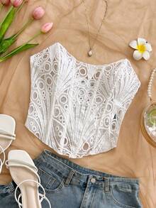 Soleia Spring/Summer New Casual Vacation Western Beach Wedding Guest Attire Graduation Brunch, St. Patrick's Day Spring Break Easter Music Festival Elegant Boho Tropical Backless Romantic Valentine's Day Wedding Season Date Lace Texture White Tube Top For Women - White - View 3