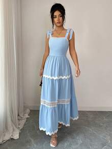 Elenzga Đầm nữ màu xanh dương và trắng phối họa tiết hoa, kiểu dáng mới cho kỳ nghỉ Xuân/Hè 2026. - Màu xanh nhạt - Xem 6