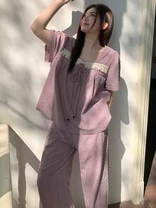 Dazy Plus 大码女式撞色蕾丝宽松圆领上衣和裤子睡衣套装，春夏款 - 紫色 - 查看 7