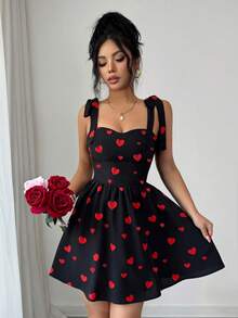 Rafferiza 女士浪漫情人节爱心印花可爱吊带A字短裙 - 紅色 - 查看 7