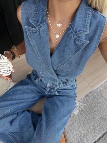 DAZY Women's Casual Washed Denim Vest And Wide Leg Pants Suit, Spring/Summer - Medium Wash - View 1