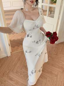 DAZY Vestido de verano de mujer con cuello cuadrado, mangas con volantes y decoración de lentejuelas florales elegantes - Albaricoque - Ver 10