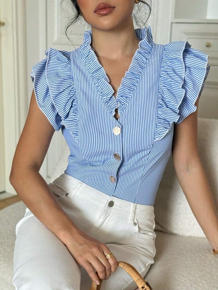 Elenzga V领短袖荷叶边条纹纽扣衬衫 - 彩色 - 查看 5