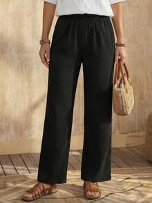 EMERY ROSE Solid Elastic Waist Straight Leg Pants - Black - View 4