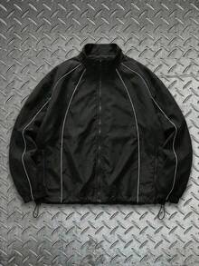 AXEPEAK 男士撞色滚边拉链休闲宽松长袖夹克外套 - 黑色 - 查看 1