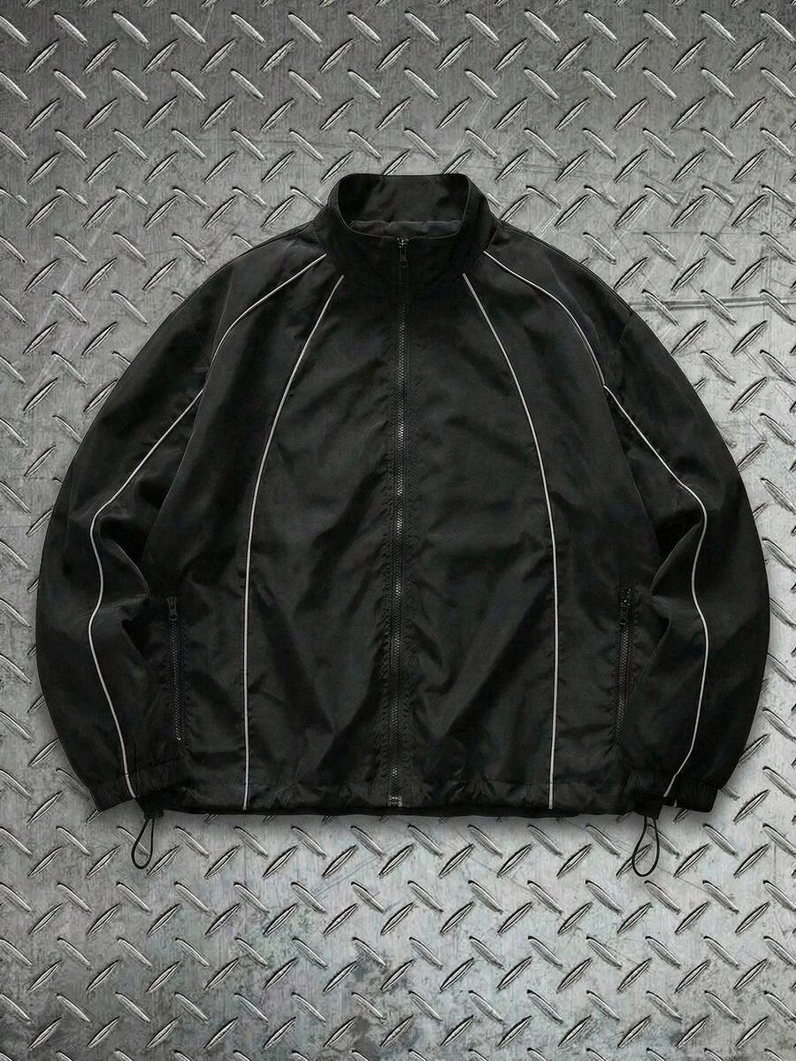 AXEPEAK 男士撞色滚边拉链休闲宽松长袖夹克外套 - 黑色 - 查看 1