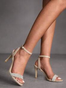 CUCCOO SZL Sandalias de tacón alto con puntera puntiaguda para mujer, con tiras de strass y correa de tobillo, color albaricoque, de moda, elegantes y sexys para fiestas, banquetes y citas - Albaricoque - Ver 7