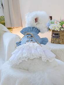 PETSIN 1pc Pet Clothes, Cute Blue Bandage Ruffle Pet Dress, Sweet Princess Style Small Dog/Cat/Dog Universal Puffy Skirt - Blue and White - View 4