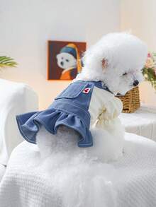 PETSIN 1pc Cat/Dog Universal Skirt, Ruffle Pet Dress With Shoulder Straps, Lace Collar Fake Two-Piece Cat And Dog Clothing - Blue - View 7