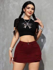 SHEIN PETITE 純色修身休閒牛仔迷你裙，適合夏季穿搭，適合嬌小女性 - 玫紅色 - 查看 5