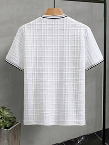Manfinity Homme Camiseta de punto jacquard de unicolor con textura para hombres, con etiqueta de cuero y cuello acanalado - Blanco - Ver 2