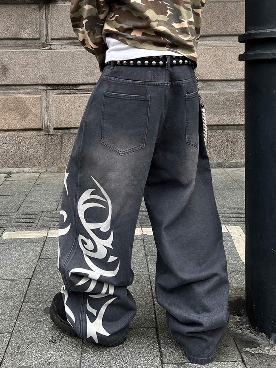 STEELVANCE Quần jeans ống rộng dáng suông in họa tiết ngôi sao cổ điển, phong cách thời trang đường phố. - Xám - Xem 1