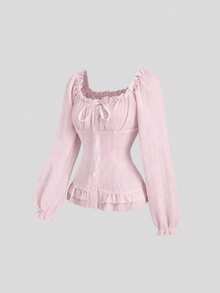 Sweetra 女士白色砖纹领口收腰荷叶边系带袖口长袖衬衫 - 淺粉色 - 查看 3