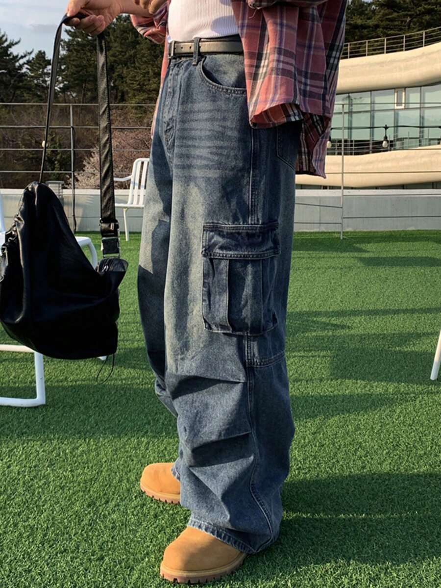 DAZY 男士翻盖侧袋工装牛仔裤 - 藍色 - 查看 1