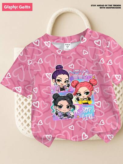 GraphicGems Young Girls' Letter & Cartoon Graphic Round Neck Short Sleeve T-Shirt, Ideal For K-Pop Fans And Everyday Wear, Fashionable & Cute, Suitable For All Seasons