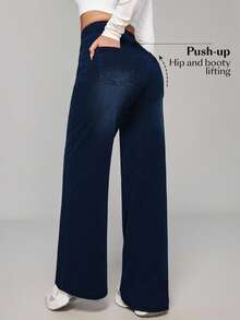 SHEIN PETITE Casual Versatile Black Loose Straight-Leg Jeans For Women, All Season ,Petite Women - Dark Wash - View 2