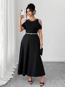 Elenzga Plus Size Women Pearl Decor Off-Shoulder Dress, French Sexy Minimalist Elegant Artistic Party Romantic Maxi Dress - Black - View 1