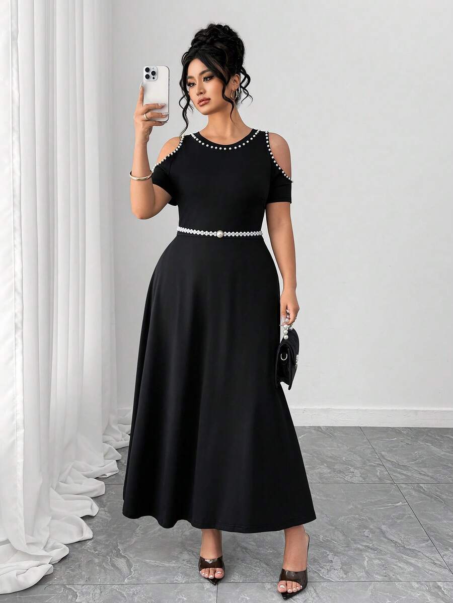 Elenzga Plus Size Women Pearl Decor Off-Shoulder Dress, French Sexy Minimalist Elegant Artistic Party Romantic Maxi Dress - Black - View 1