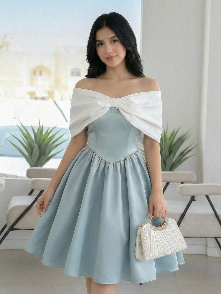 Girlism 少女蓝白撞色露肩蝴蝶结扭结鸡尾酒会连衣裙，春夏款 - 藍白色 - 查看 8