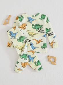 Cozy Pixies Baby Boy Cartoon Animal Print Soft Knit Crew Neck Long Sleeve Top And Elastic Waist Long Pants 2-Piece Snug Fit Pajama Set - Multicolor - View 2