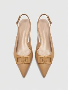 CUCCOO BIZCHIC Giày nữ mùa xuân hè 2026 mới, họa tiết lá cọ, khóa vuông bằng kim loại, mũi nhọn, quai hậu, đế bằng, giày công sở đa năng. - Lạc đà - Xem 2