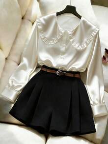 Lyxana 新款女士白色可爱彼得潘领衬衫，适合搭配连衣裙叠穿，也适合返校、情人节、通勤和日常穿着，是年轻女士的百搭之选，尤其适合秋冬季节。 - 白色 - 查看 3