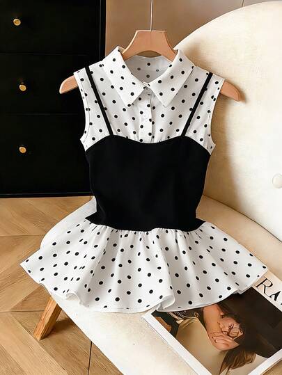 GlowEve Women's Black & White Polka Dot Print Splicing Black Ribbed Fabric Shirt Collar Fake Suspender Decor Design Sleeveless Top, Elegant & Sophisticated, Suitable For Valentine's Day, Easter, Labor Day, Birthday, Date, Party, Formal Occasions, Teacher's Outfit, Travel, Spring/Summer