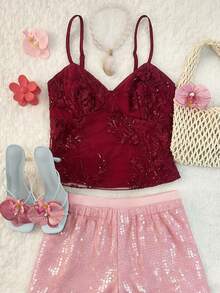 SHEIN LUNE Women's Elegant Embroidered Camisole Top  Summer Women Summer Red Summer Burgundy Top  Party - Red - View 1