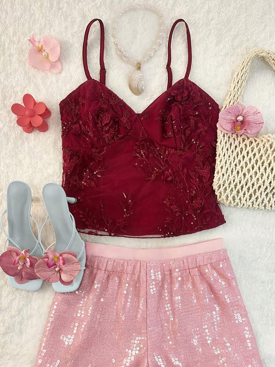 SHEIN LUNE Women's Elegant Embroidered Camisole Top Summer Women Summer Red Summer Burgundy Top Party - Red - View 1