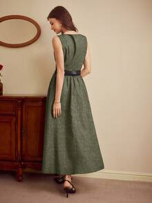 Vintamour 复古优雅女士连衣裙，春夏修身船领无袖连衣裙，灰色，带口袋、腰带，喇叭下摆，长款连衣裙 - 灰綠 - 查看 2