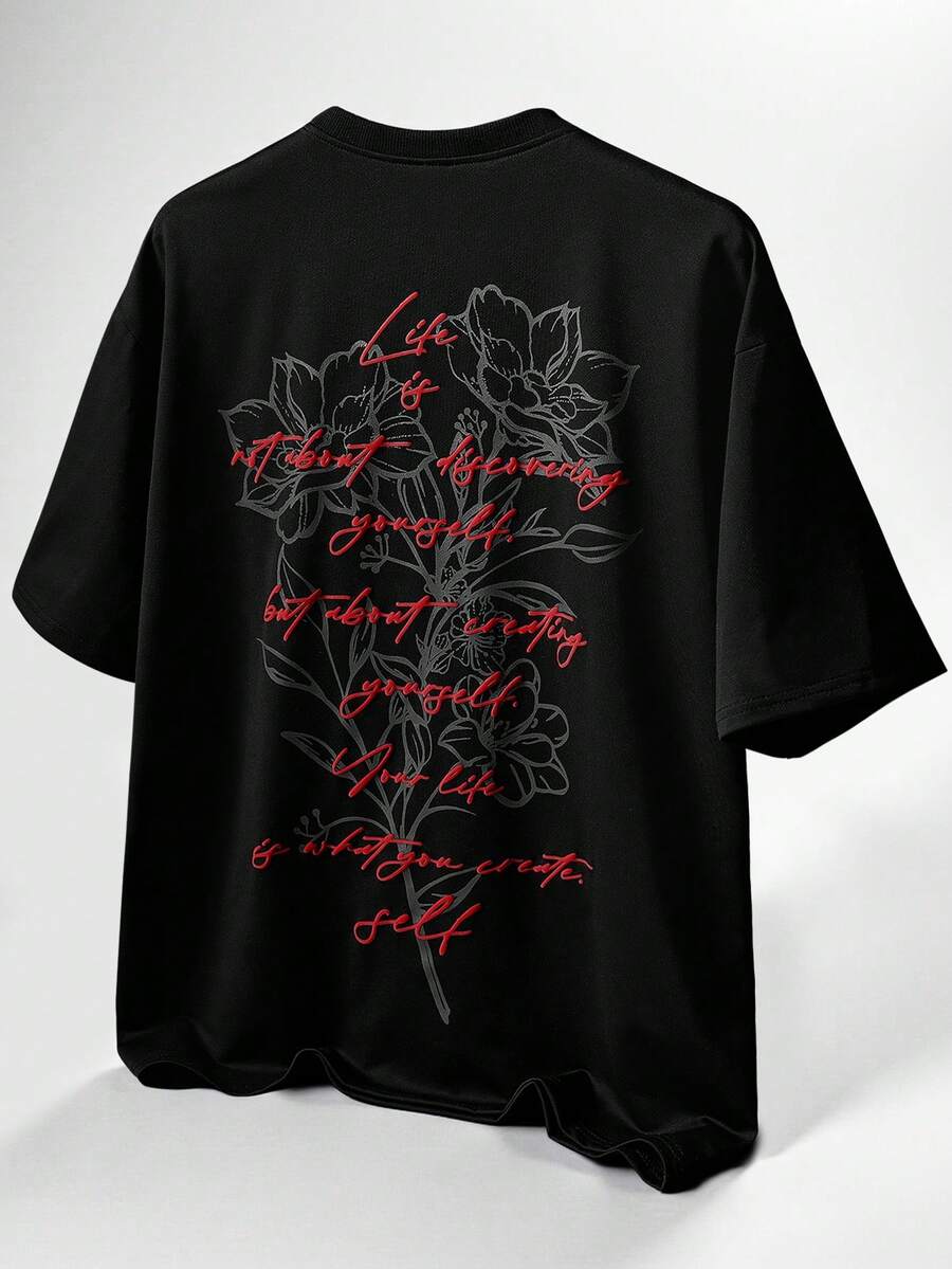 TOKVUE 男士流行街头风INS风3D立体印花休闲日常时尚街头短款宽松T恤 - 黑色 - 查看 1