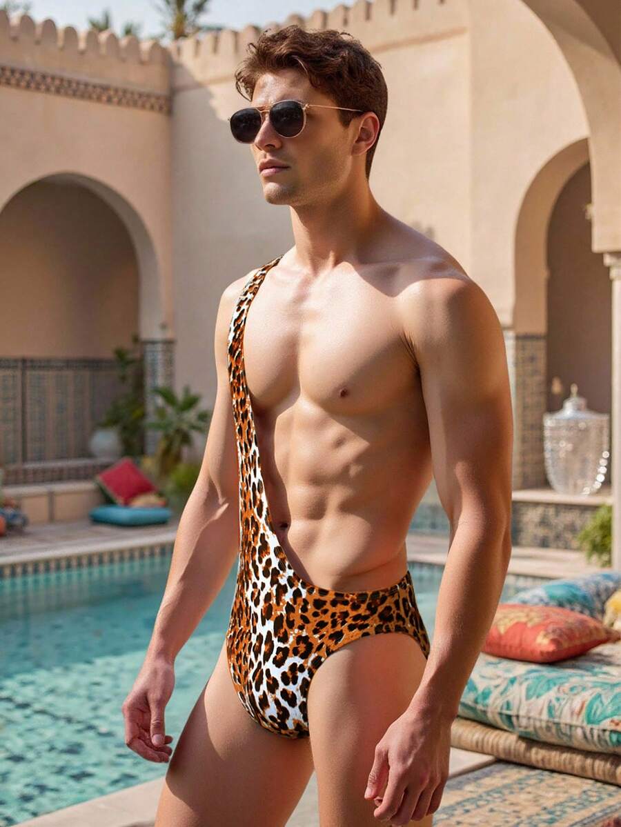 Manfinity Swimmode 男士豹纹连体泳衣，适合度假穿着，男士性感泳装，猎豹纹泳裤 - 紅色 - 查看 1