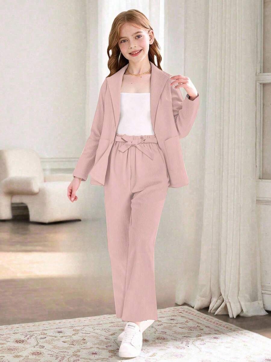 SHEIN 2pcs/Set Girls Casual Khaki Pants And Long Sleeve Jacket, Versatile Daily Wear, Spring/Autumn - Pink - View 1