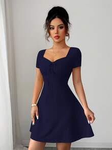 Elenzga 新款夏季奶油色针织提花性感修身系带迷你连衣裙（女款） - 藏蓝色 - 查看 4