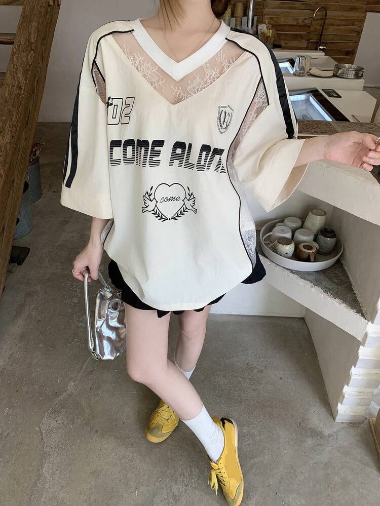 Women's V-Neck Numeric Print Contrast Lace Loose Street T-Shirt Graphic Tees Women