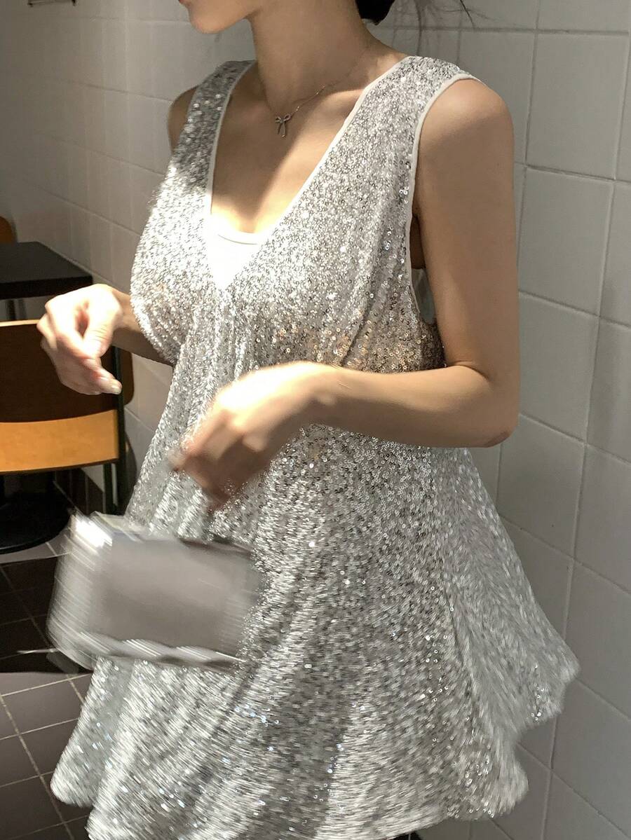 DAZY 女士时尚晚礼服，V领闪亮亮片衬衫 - 白色 - 查看 1