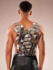 FeverCity Áo tank top nam thời trang bằng acrylic bóng, khoét rỗng - Bạc - Xem 2