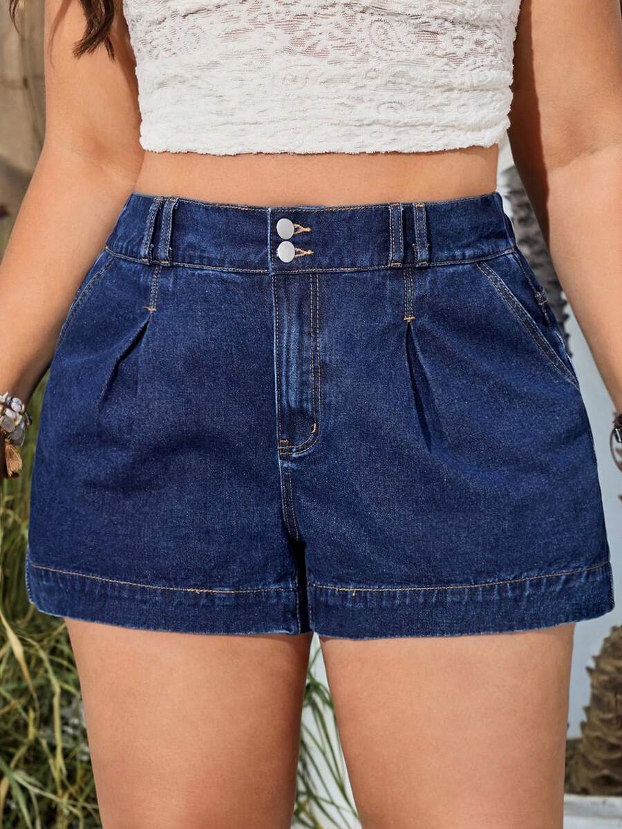 EMERY ROSE Plus Size Women Pocketed Pleated Loose Denim Shorts - Dark Wash - View 1