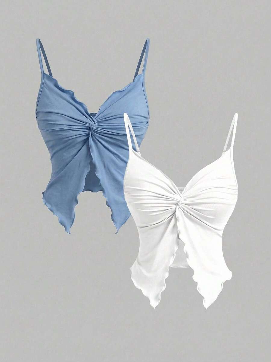 SHEIN MOD 女士纯色吊带扭结荷叶边下摆时尚夏季无袖背心 - 彩色 - 查看 1