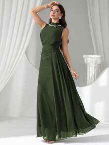 Coutiva Đầm dạ hội sang trọng đính sequin và ngọc trai, kiểu dáng cao cấp, mang đến vẻ thanh lịch. - xanh quân đội - Xem 5