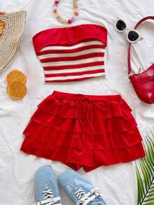 Soleia 女士休闲度假复古红白条纹撞色领抹胸上衣+红色抽绳蛋糕裙两件套，春夏款 - 紅白色 - 查看 7